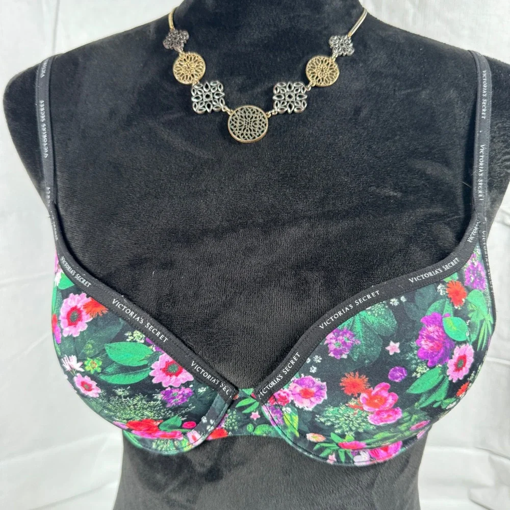 Victoria Secret Women's T-Shirt Push-Up Full Coverage Bra 32B Black Floral